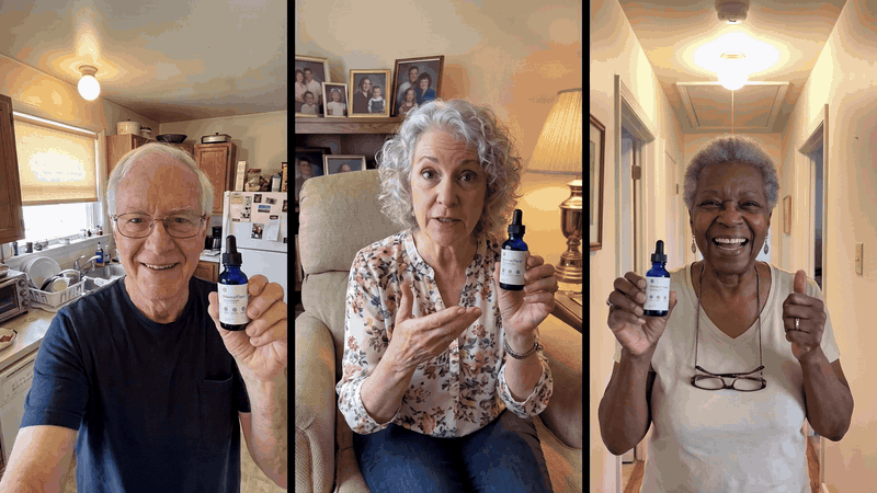 Three older adults each holding a dropper bottle of the supplement in their homes