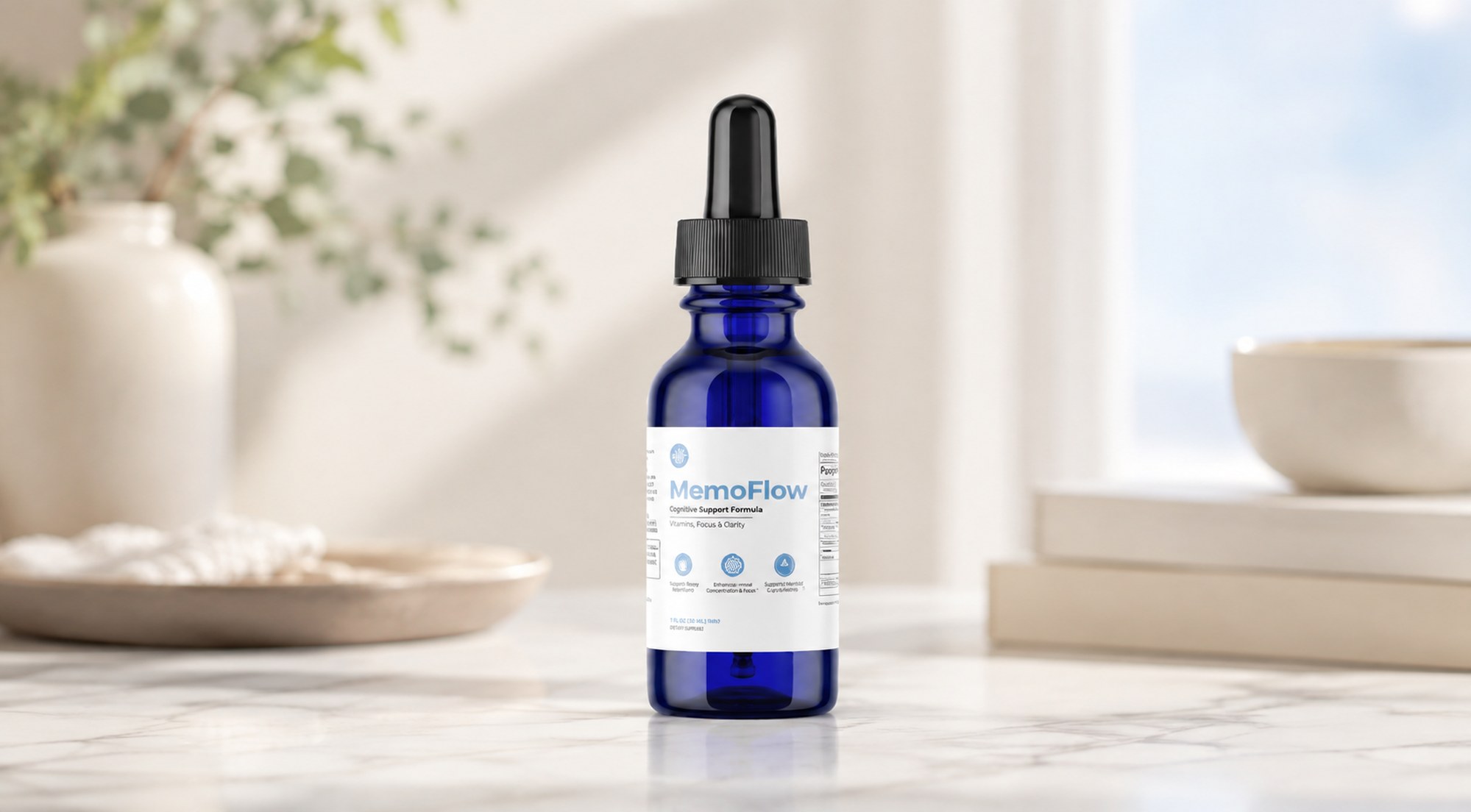 A blue dropper bottle of MemoFlow Cognitive Support Formula on a marble kitchen counter