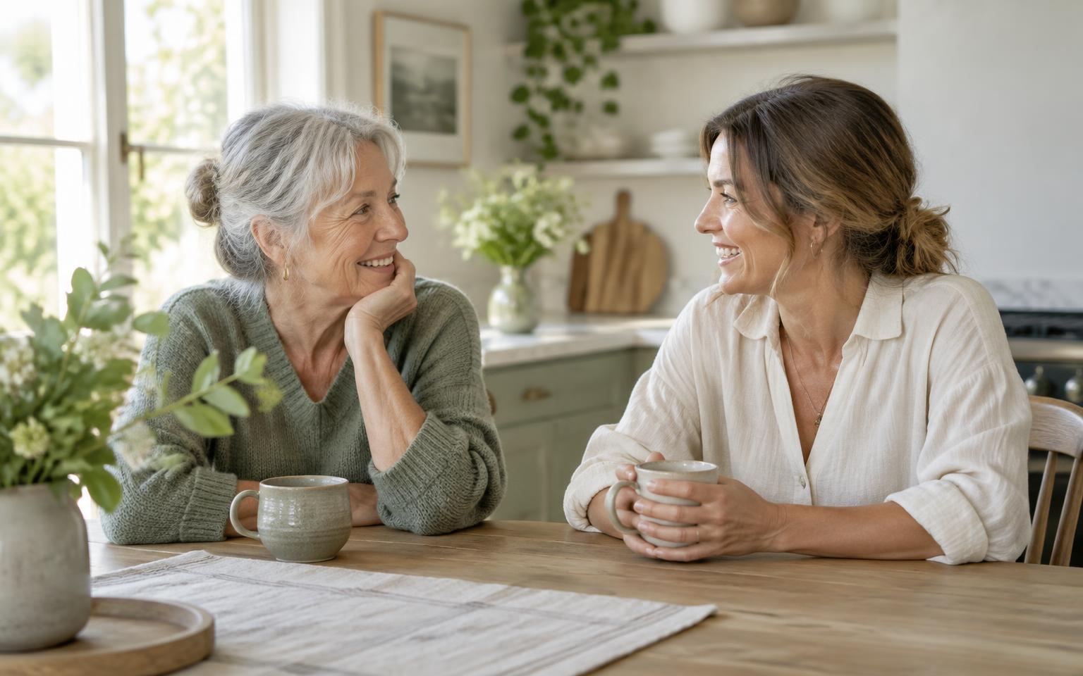 An older woman and her adult daughter enjoying a conversation at a kitchen table