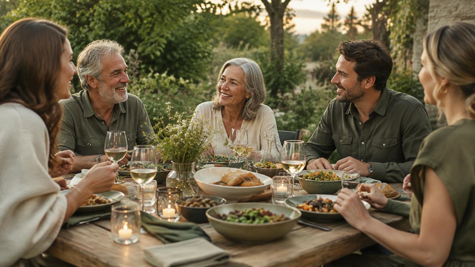 An older couple and adult family members sharing a relaxed meal outdoors